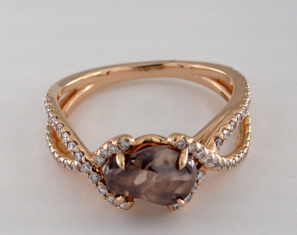  rose gold chocolae diamond in the rough engagement ring claw prong pave