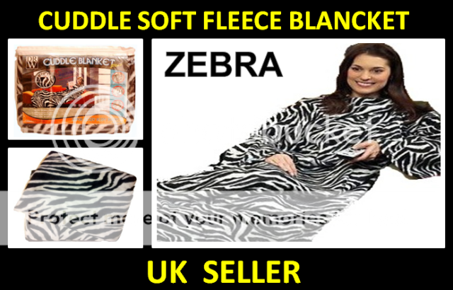 Cuddle Soft Fleece Snug Blankets w Sleeves Warm Snuggle Rug Wrap Cosy Bag Zebra