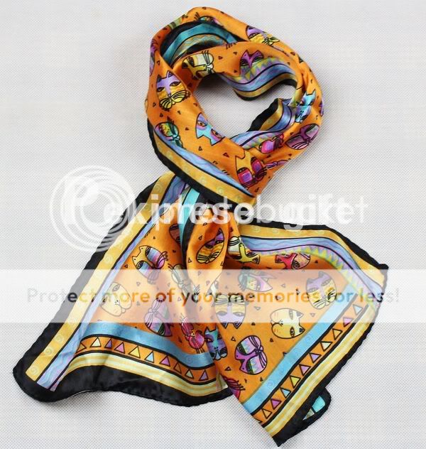 New Orange Yellow 100% Silk Oblong Neck Scarf Cats Face  