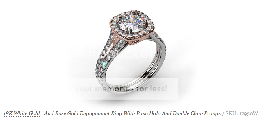 18K White Gold and rose gold engagement ring with pave halo and double claw prongs James Allen