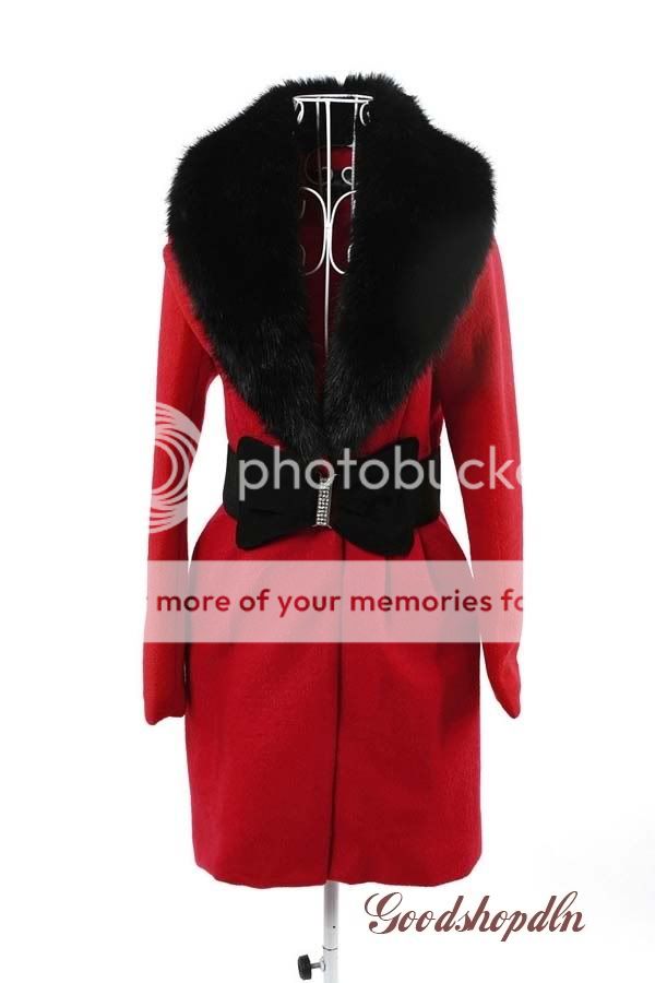   Clothing Shearling Fur Collar Coat Black/Red Wool Coat Size M/L/XL